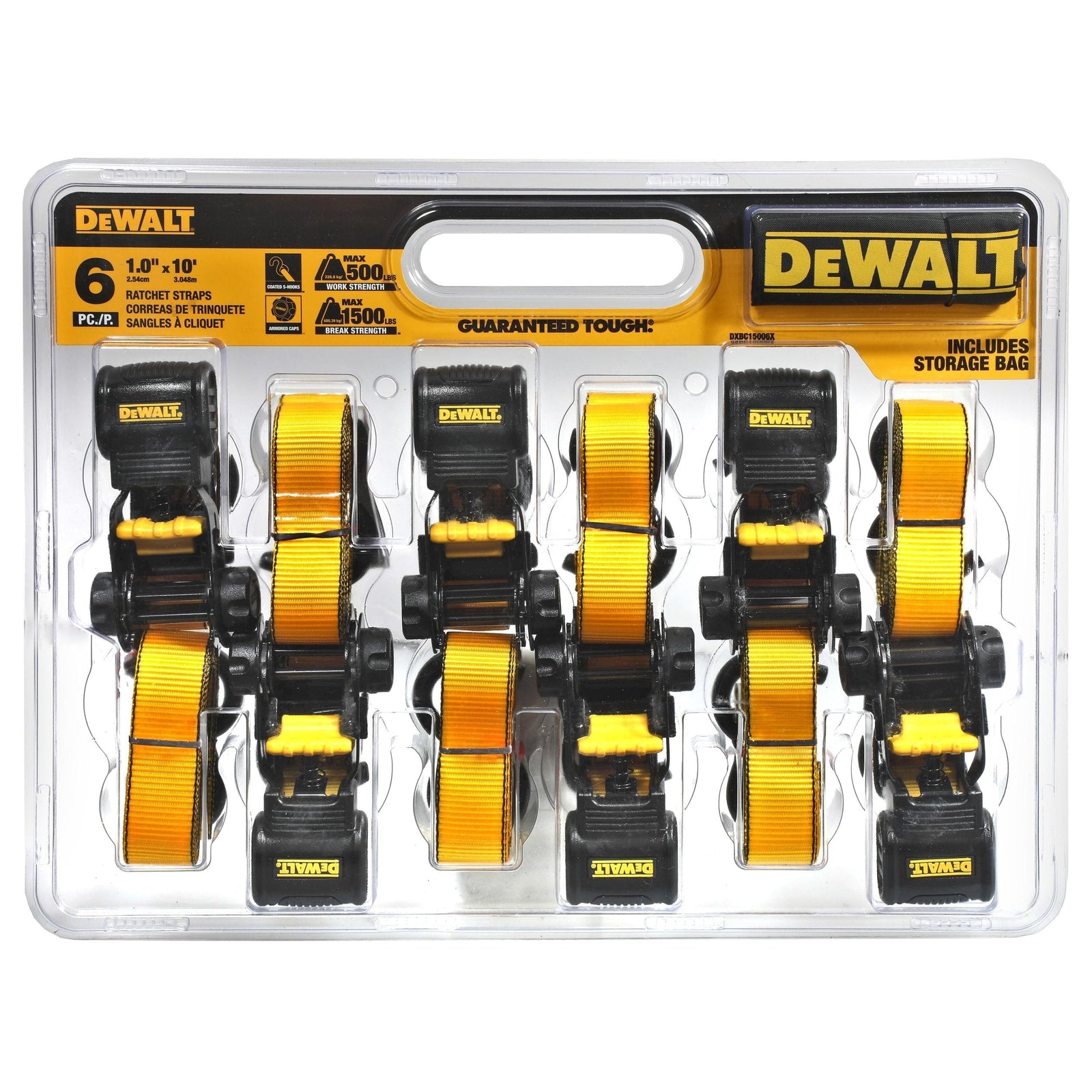 DXBC15006X 1,500-lb Ratchet Tie-Down, with Storage Bag, 1-in x 10-ft, 6-pk, Yellow G0R0 - product image 3
