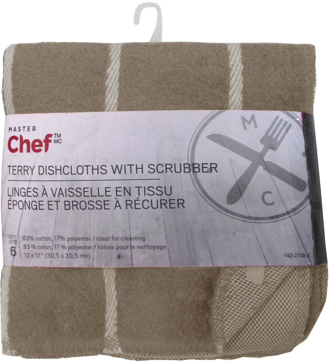 Terry Cotton Checkered Dishcloths with Scrubber, 12-in x 12-in, 6-pk, Brown R2I7 - product image 1