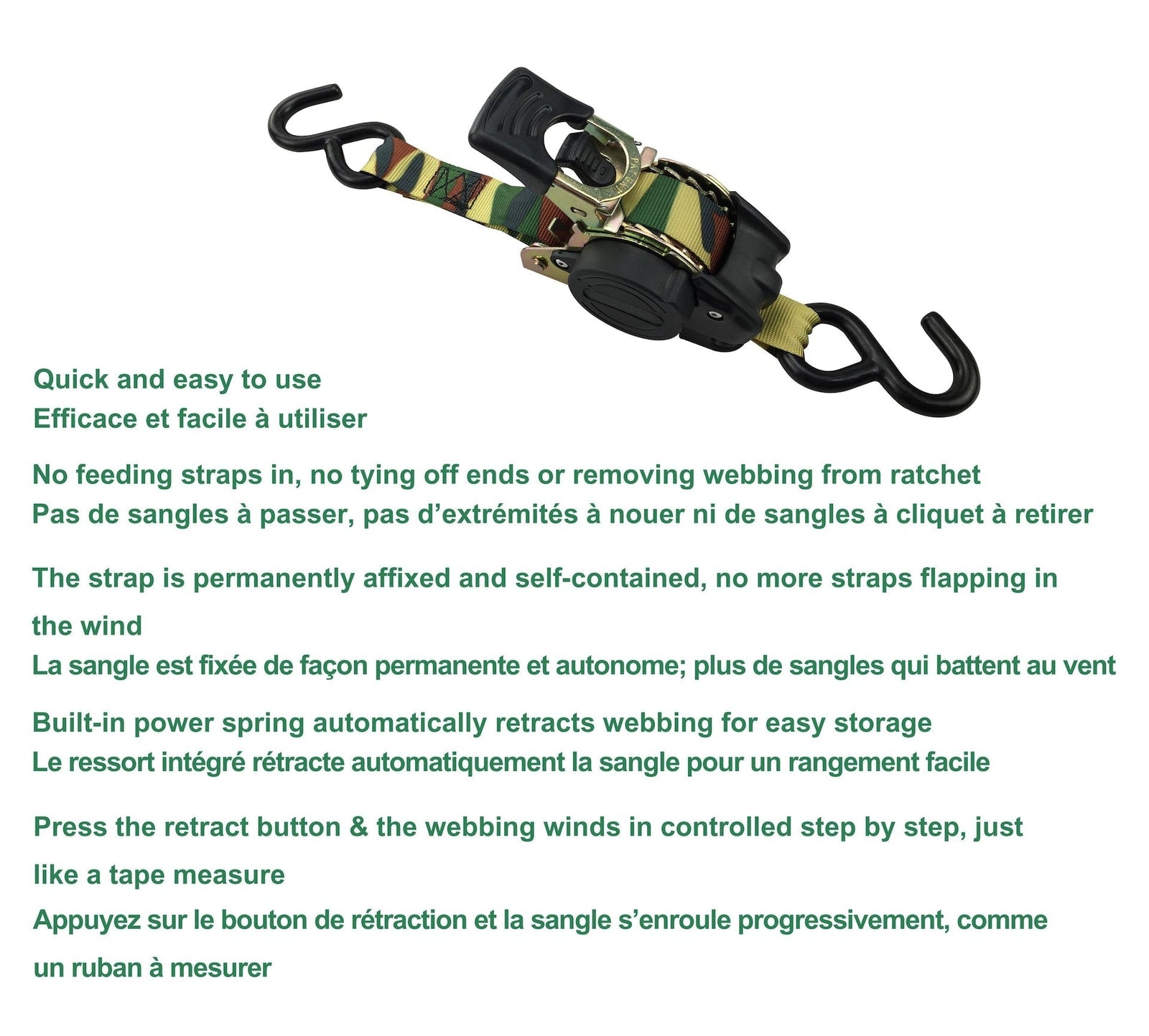 1,200-lb Retractable Camo Ratchet Tie Down Straps, 1-in x 10-ft, 2-pk K6G0 - product image 4