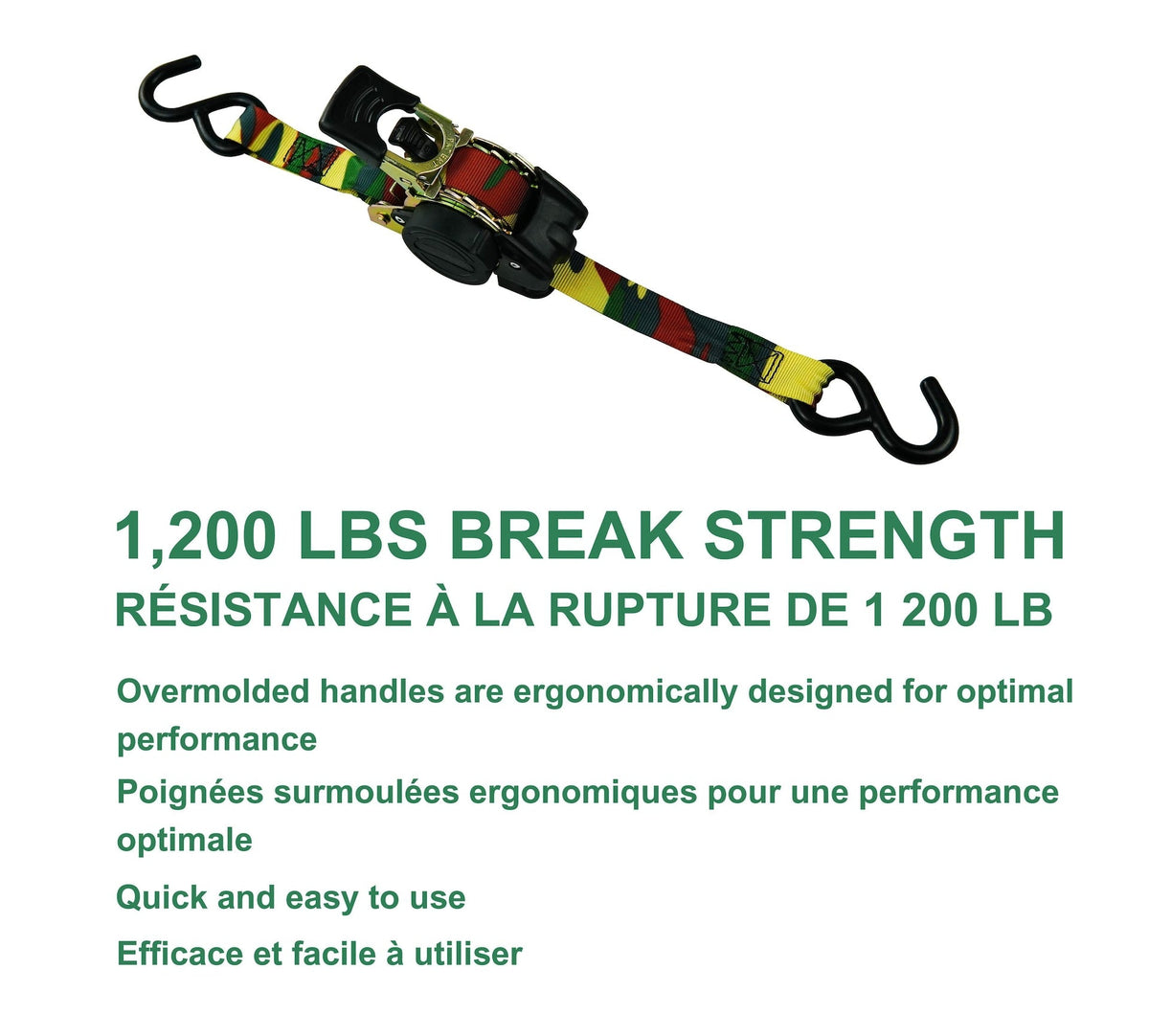 1,200-lb Retractable Camo Ratchet Tie Down Straps, 1-in x 10-ft, 2-pk W8S0 - product image 6