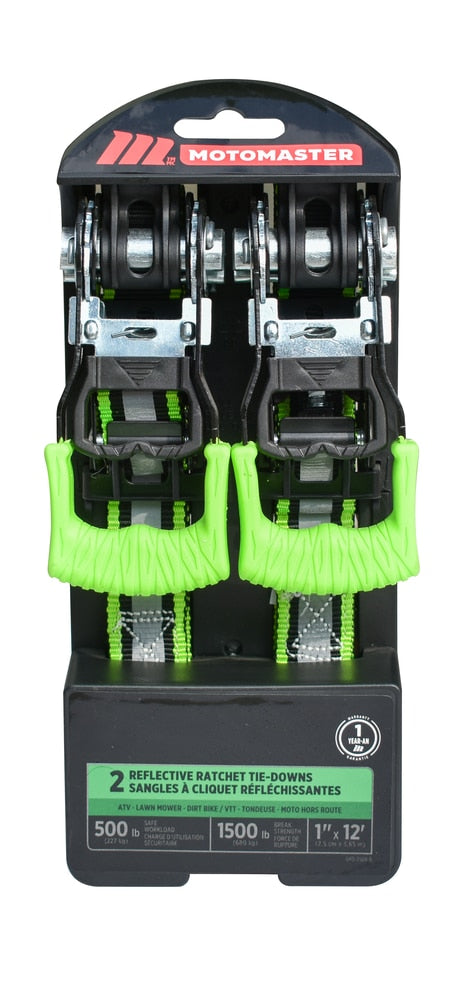 1,500-lb Reflective Ratchet Tie-Down Strap with Padded D-Handle, 1-in x 12-ft, 2-pk Y1O8 - product image 1