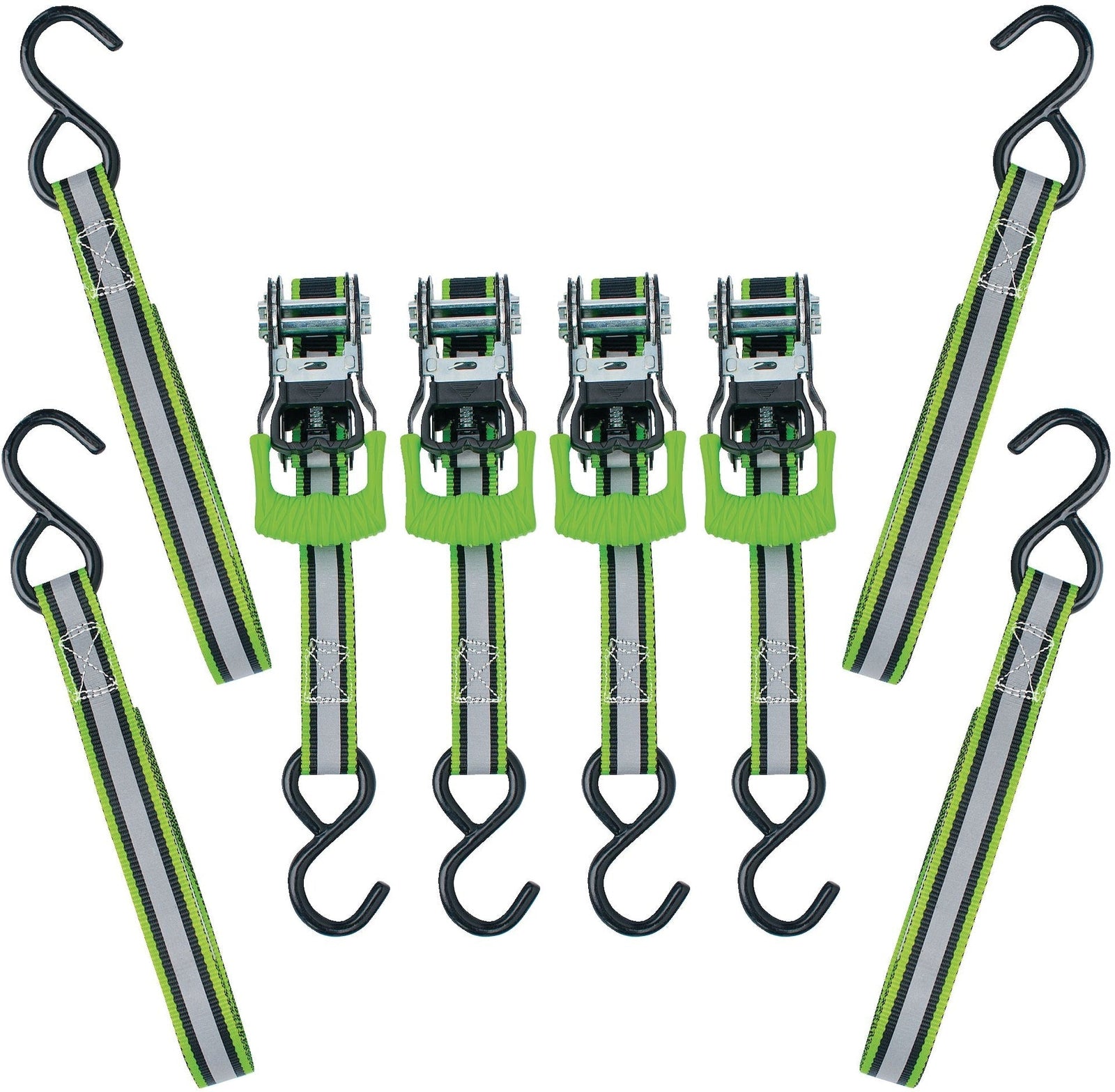 1,500-lb Reflective Ratchet Tie Down Strap, with Padded D-Handle, 1-in x 12-ft, 4-pk, Green A6Z2 - product image 1