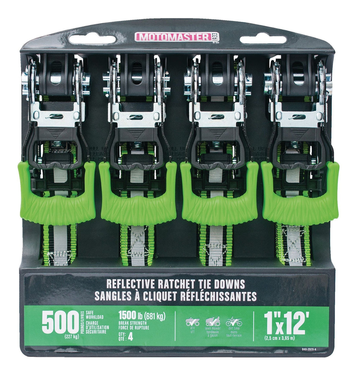 1,500-lb Reflective Ratchet Tie Down Strap, with Padded D-Handle, 1-in x 12-ft, 4-pk, Green A6Z2 - product image 2