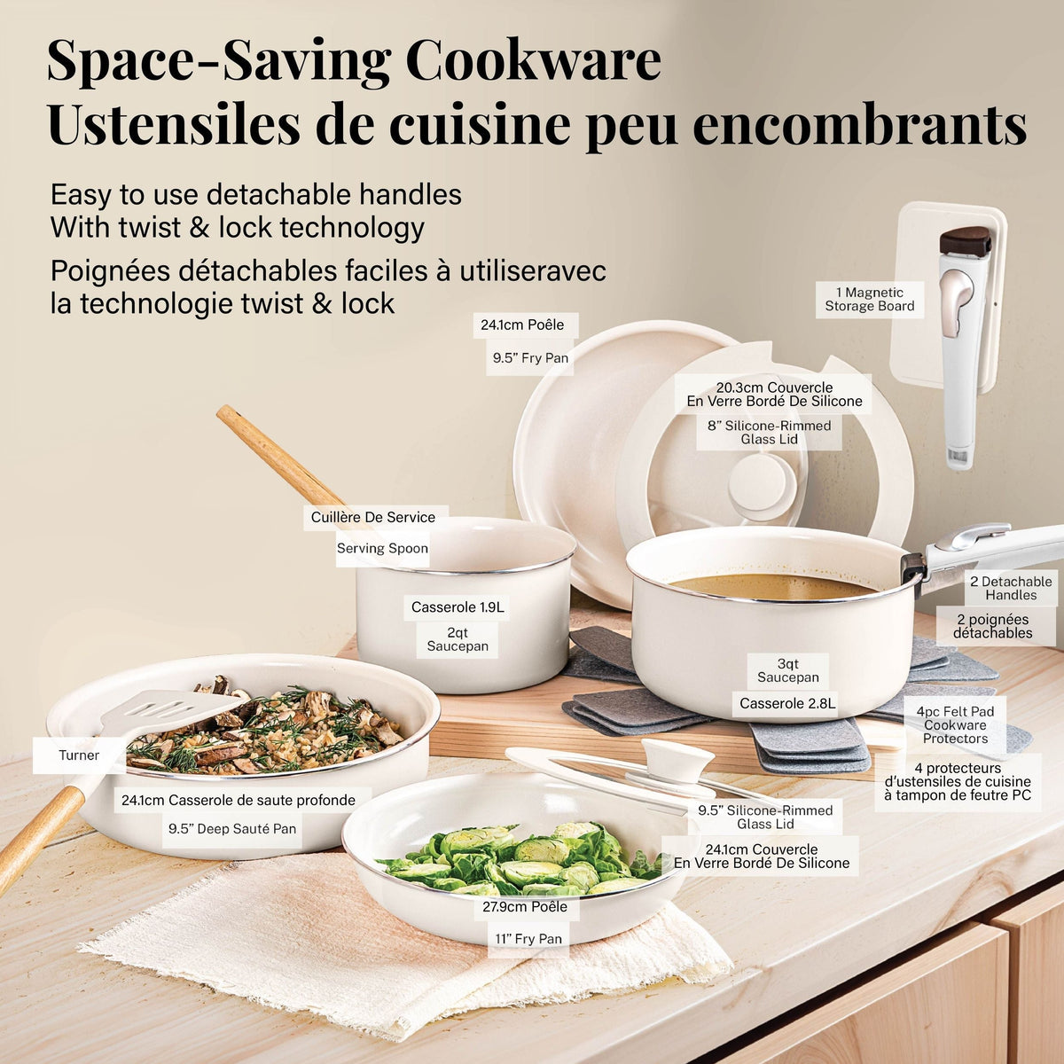 Gotham Steel Pots & Pan Set with Removable Handles, Cream, 18-pc D4H1 - product image 3