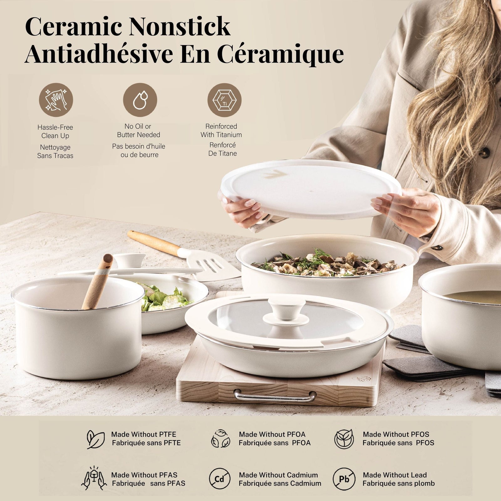 Gotham Steel Pots & Pan Set with Removable Handles, Cream, 18-pc D4H1 - product image 6