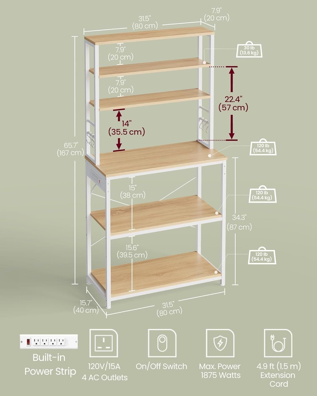 Home Oak/White Baker's Rack with 4 AC Outlets T1Q2 - product image 8
