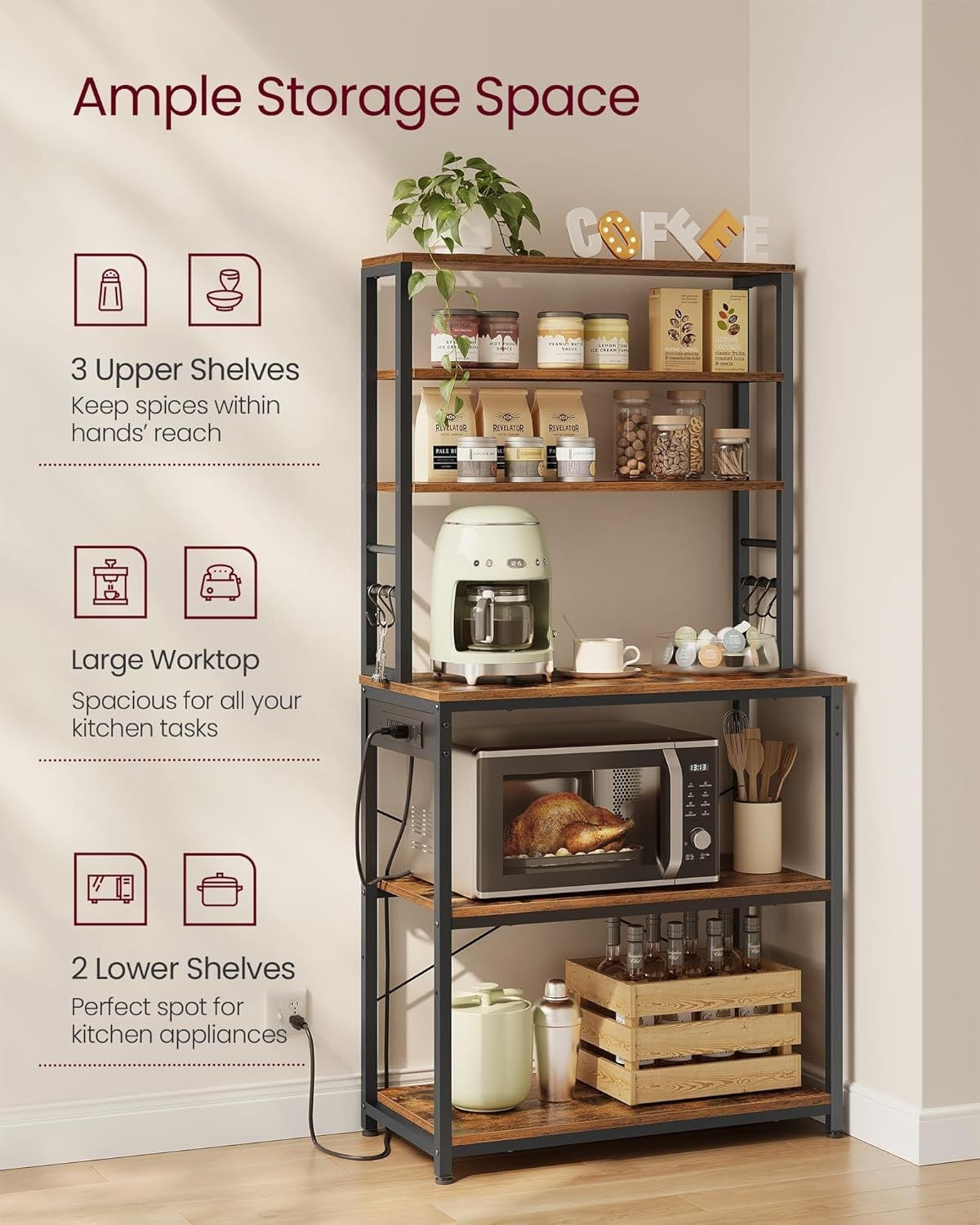 Home Small Rustic Brown Baker's Rack with 4 AC Outlets P4G1 - product image 6