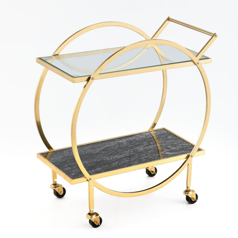 Zara 2-Tier Circular Rolling Bar Storage Cart with Mirrored Top, Gold L5Q5