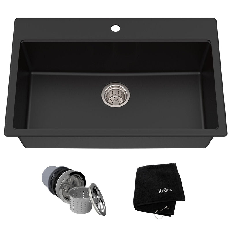 Quarza Top/Undermount Granite Single Bowl Kitchen Sink, Black Onyx, 31x20x9-in E9Q0