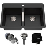 Quarza Undermount Granite Double Bowl Kitchen Sink, Black Onyx, 33x22x10-in R2K8 - product image 1
