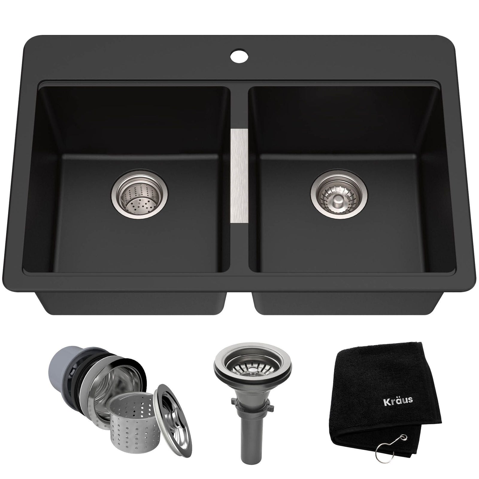 Quarza Undermount Granite Double Bowl Kitchen Sink, Black Onyx, 33x22x10-in R2K8 - product image 1