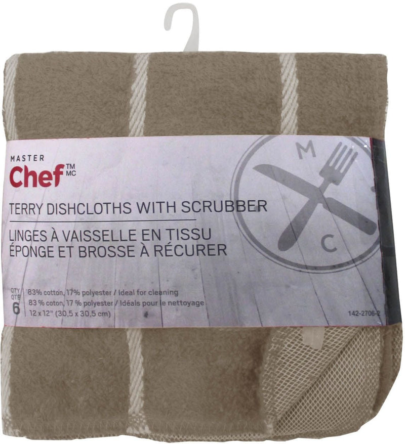Terry Cotton Checkered Dishcloths with Scrubber, 12-in x 12-in, 6-pk, Brown R2I7