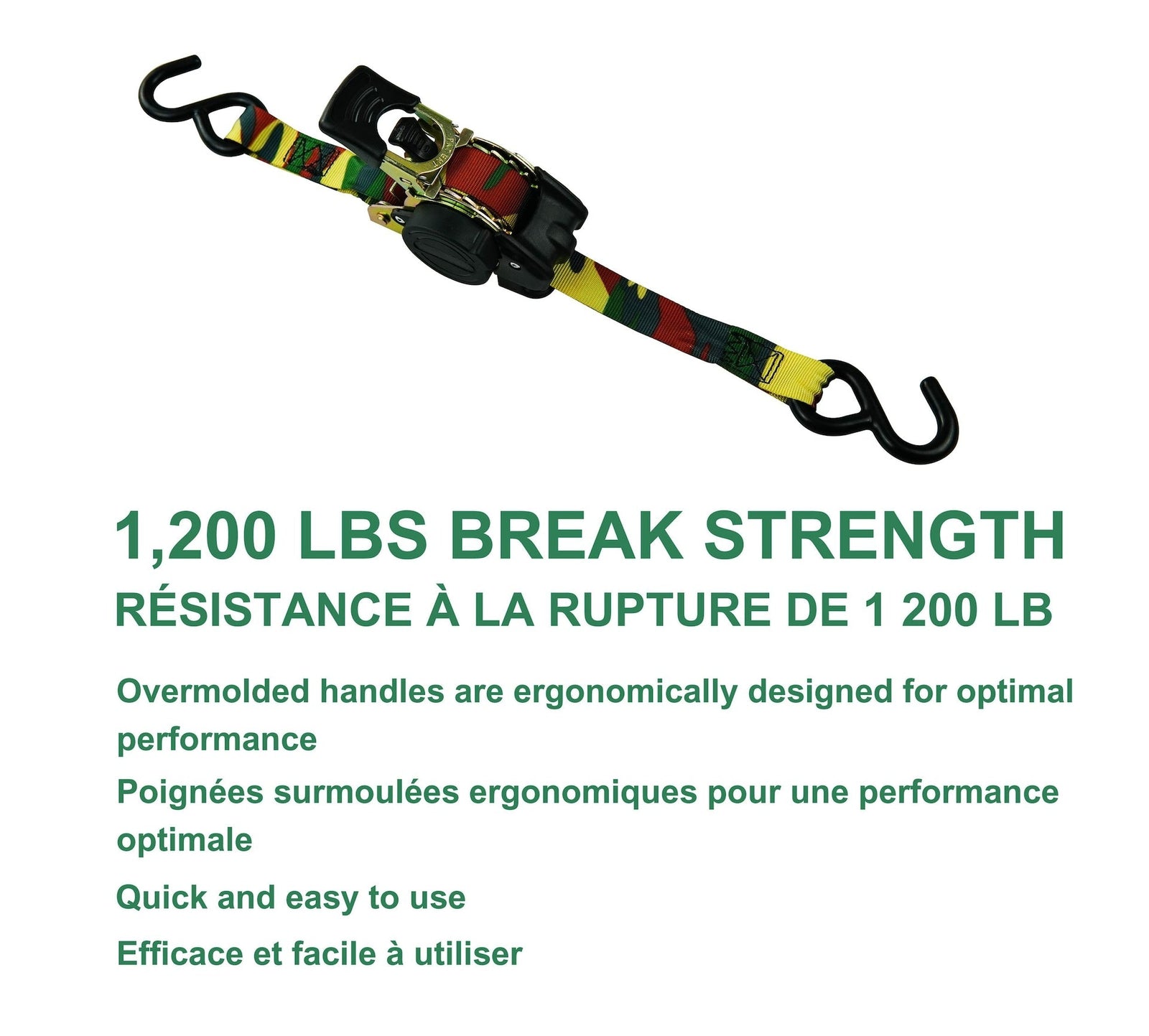 1,200-lb Retractable Camo Ratchet Tie Down Straps, 1-in x 10-ft, 2-pk K6G0 - product image 6