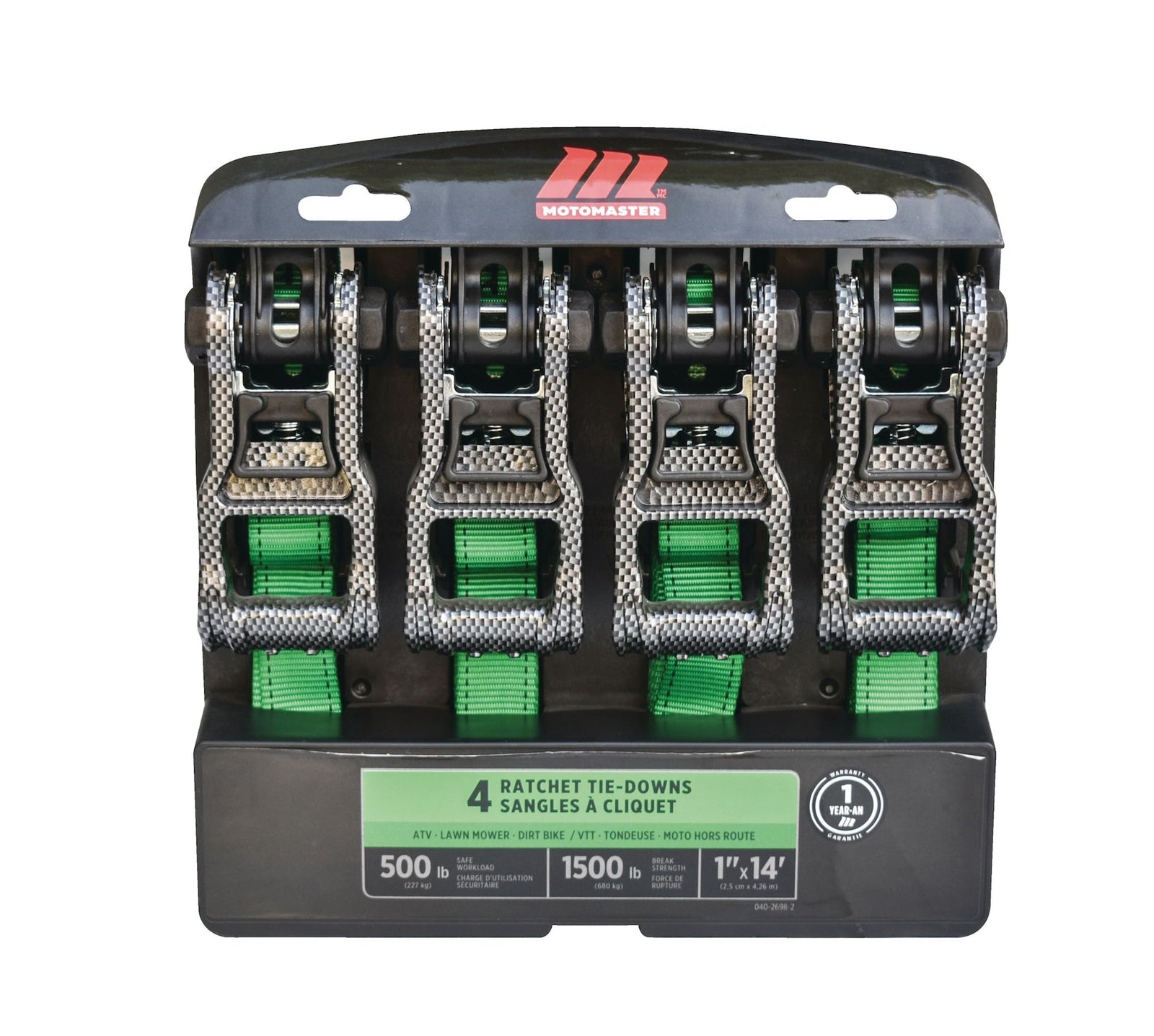 1,500-lb Carbon Ratchet Tie Downs, Weatherproof, 1-in x 14-ft, 4-pk, Green U0M3 - product image 1