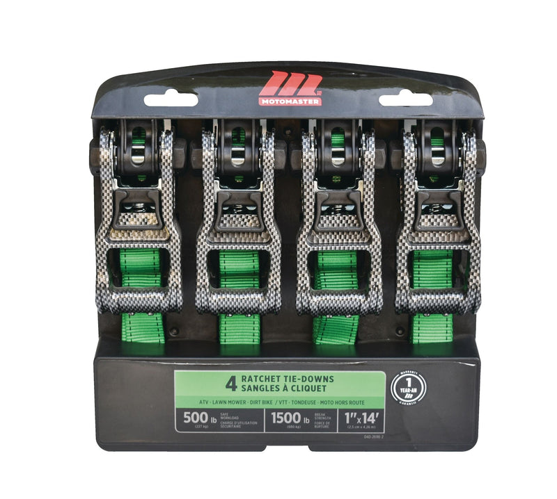 1,500-lb Carbon Ratchet Tie Downs, Weatherproof, 1-in x 14-ft, 4-pk, Green U0M3