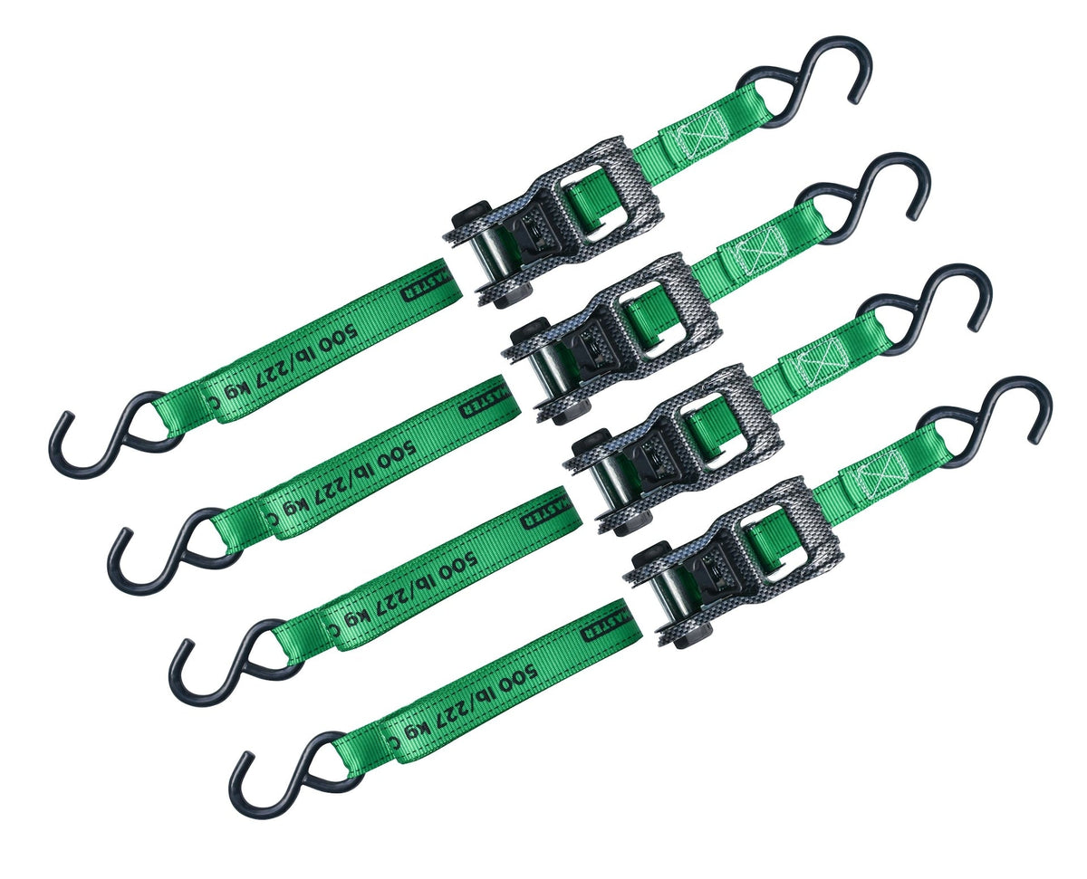 1,500-lb Carbon Ratchet Tie Downs, Weatherproof, 1-in x 14-ft, 4-pk, Green U0M3 - product image 2