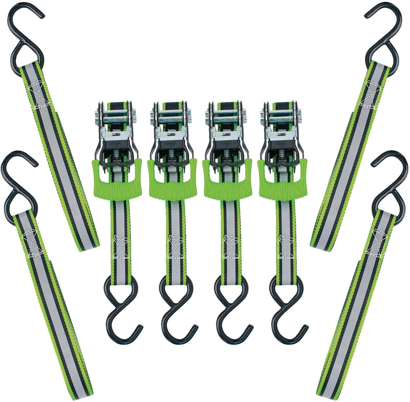 1,500-lb Reflective Ratchet Tie Down Strap, with Padded D-Handle, 1-in x 12-ft, 4-pk, Green A6Z2