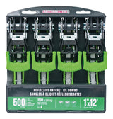 1,500-lb Reflective Ratchet Tie Down Strap, with Padded D-Handle, 1-in x 12-ft, 4-pk, Green A6Z2 - product image 2