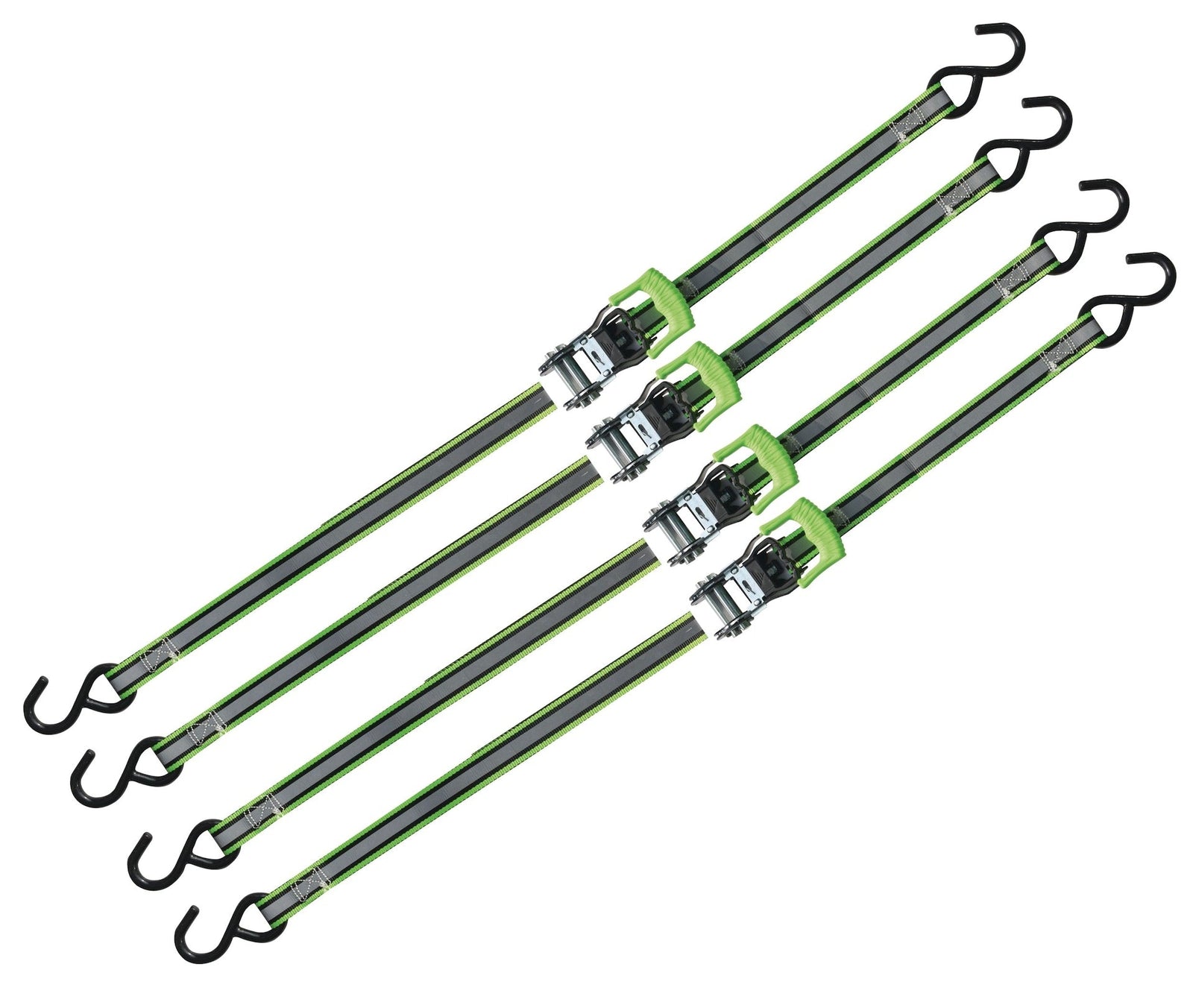 1,500-lb Reflective Ratchet Tie Down Strap, with Padded D-Handle, 1-in x 12-ft, 4-pk, Green A6Z2 - product image 3