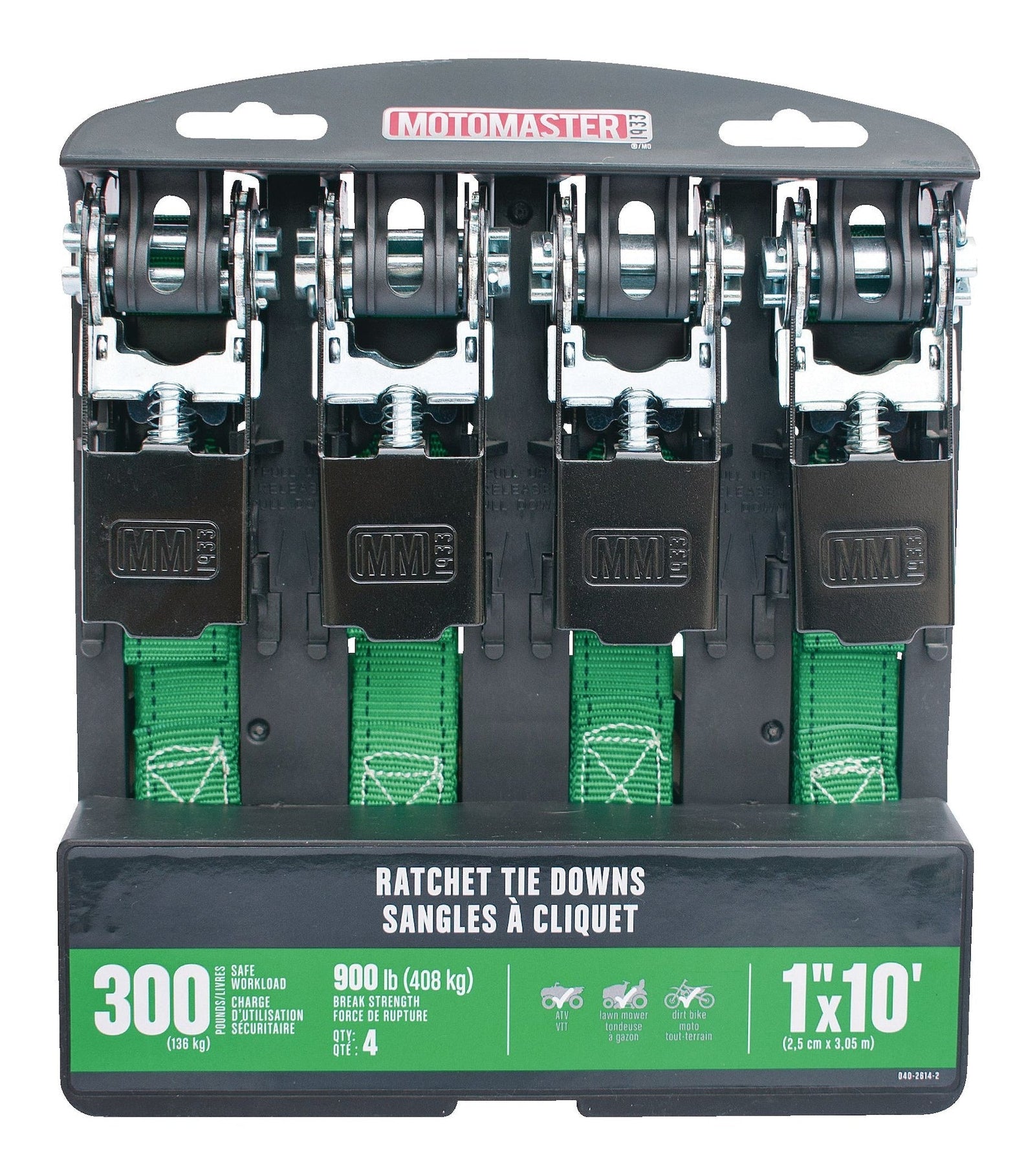 900-lb Ratchet Tie-Down Straps, Non-Padded, 1-in x 10-ft, 4-pk K5U9 - product image 2