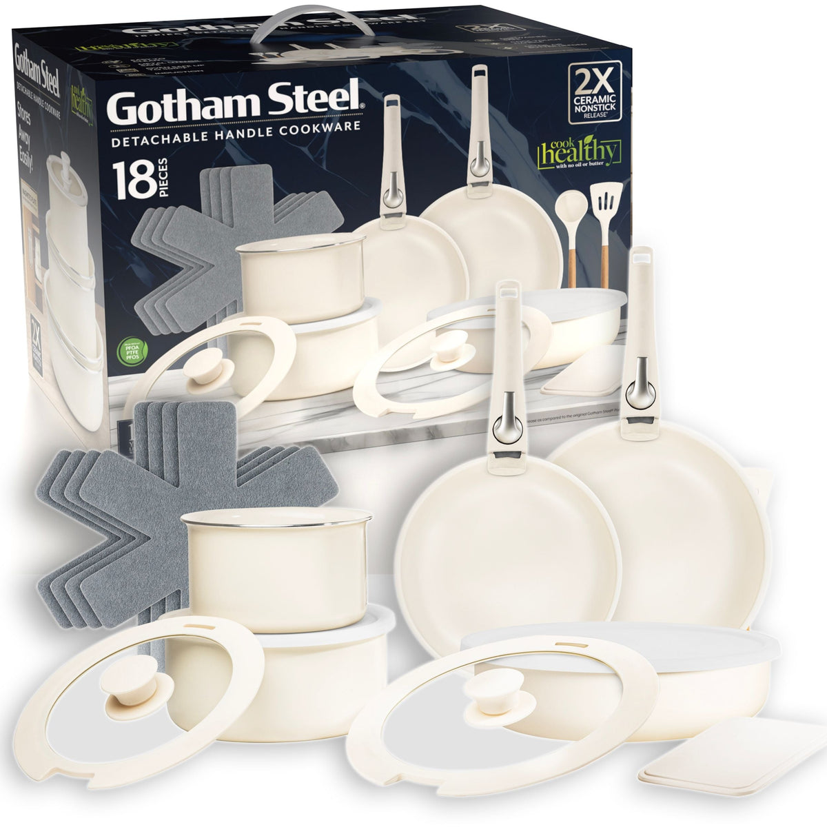 Gotham Steel Pots & Pan Set with Removable Handles, Cream, 18-pc D4H1 - product image 1