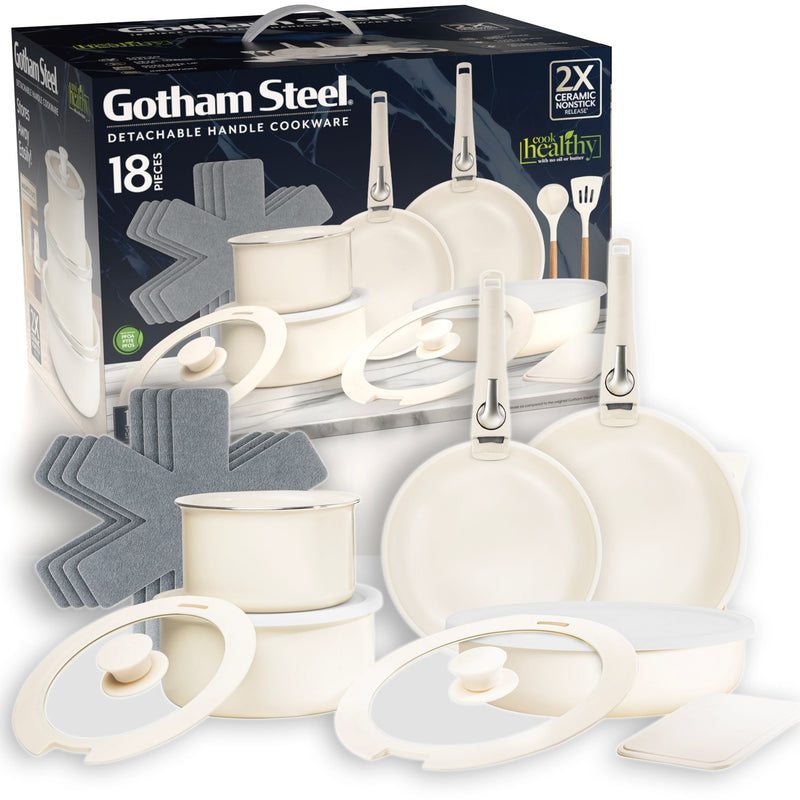 Gotham Steel Pots & Pan Set with Removable Handles, Cream, 18-pc D4H1