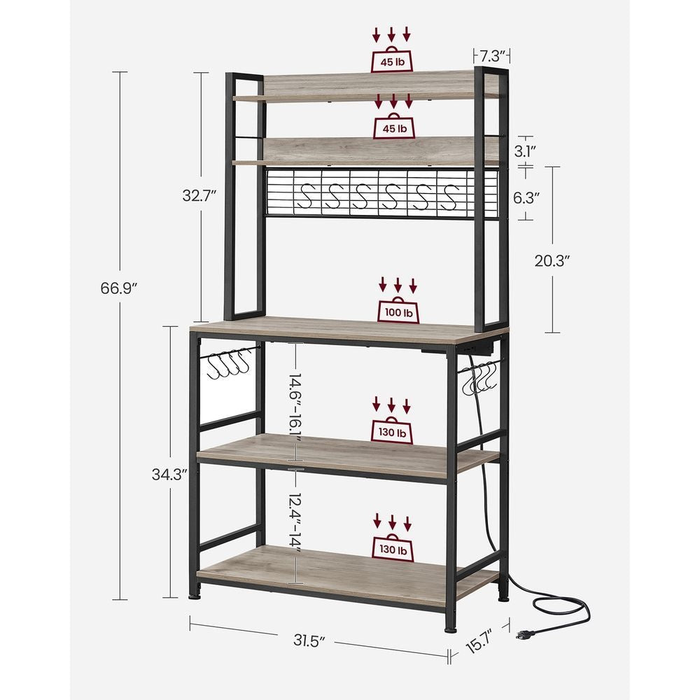 Home 5-Shelf Grey Baker's Rack with 4 AC Outlets D5A7 - product image 5