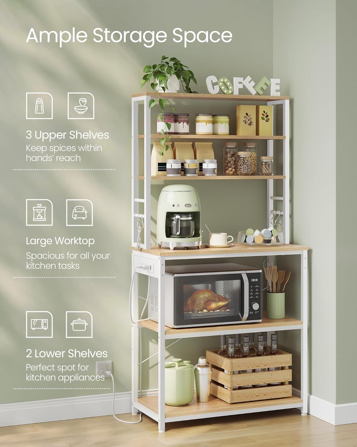 Home Oak/White Baker's Rack with 4 AC Outlets T1Q2 - product image 5