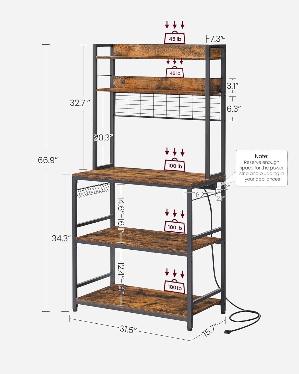 Home Rustic Brown Baker's Rack with Charging Station L8R2 - product image 8