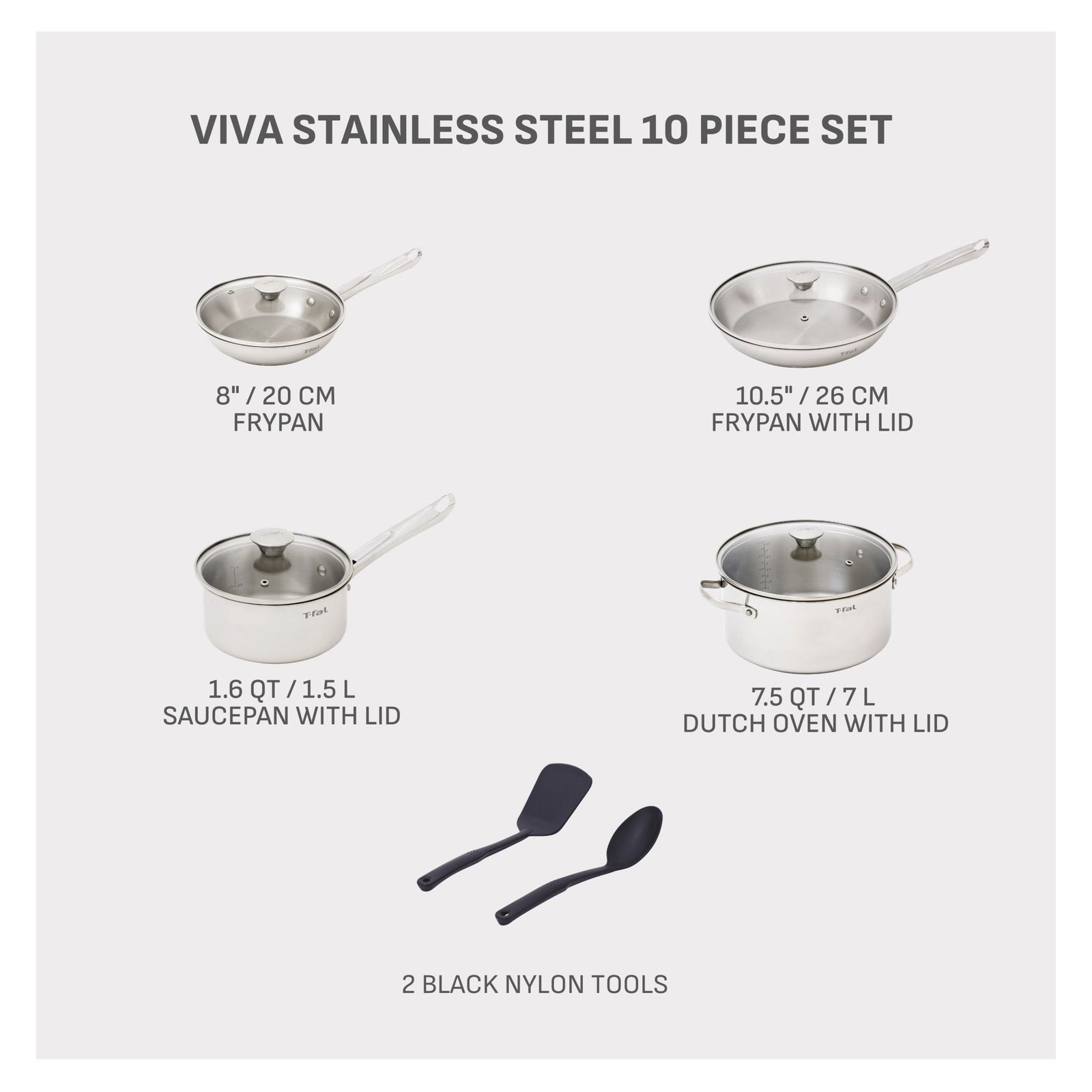 Viva Stainless Steel Cookware Set, Dishwasher & Oven Safe, Pots and Pans Set, 10-pc U9O9 - product image 2